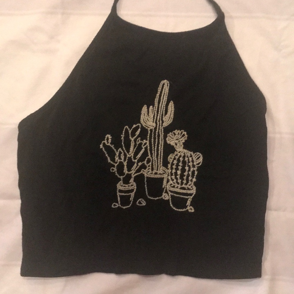 Black halter top with embroidered cacti